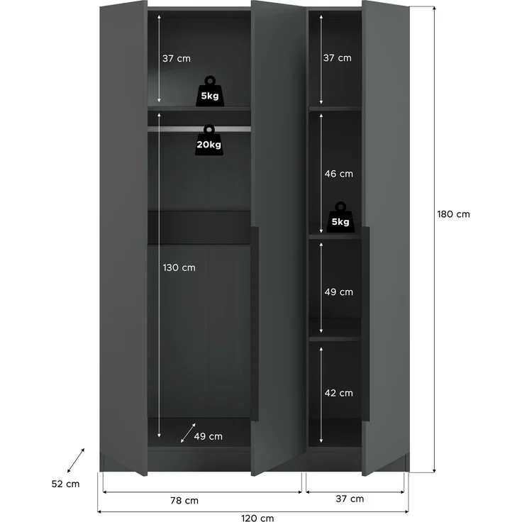 Kleiderschrank 3-türig (B/H/T: 120x180x52 cm) in anthrazit – Bild 5