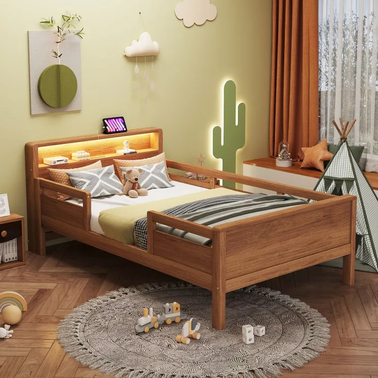 Kinderbett 90x200 cm mit LED & USB Type-C Anschluss,Massivholz Einzelbett mit Kopfteil Ablage & Gitterdesign,Weiß