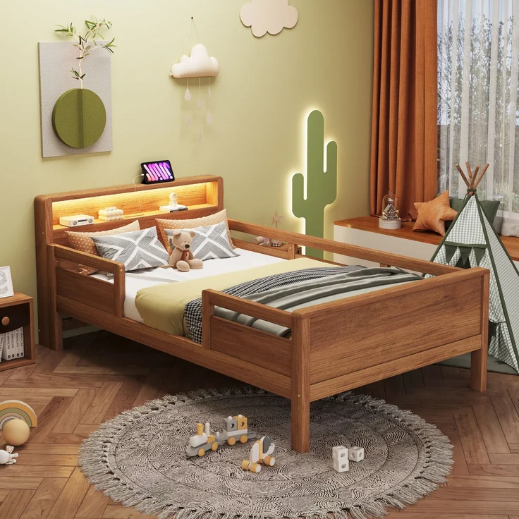 Kinderbett 90x200 cm mit LED & USB Type-C Anschluss,Massivholz Einzelbett mit Kopfteil Ablage & Gitterdesign,Weiß – Bild 1