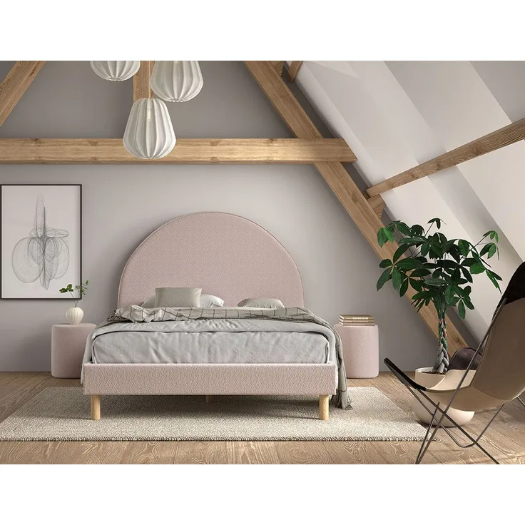 Polsterbett 140x200 und 2 Polsterhocker MOON inkl. Lattenrost Boucle Stoff Rosa
