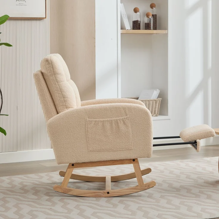 Schaukelstuhl Lammfell-Optik Beige mit hoher Rückenlehne und Armlehnen, ergonomischer Relaxsessel mit Massivholzgestell – Bild 4
