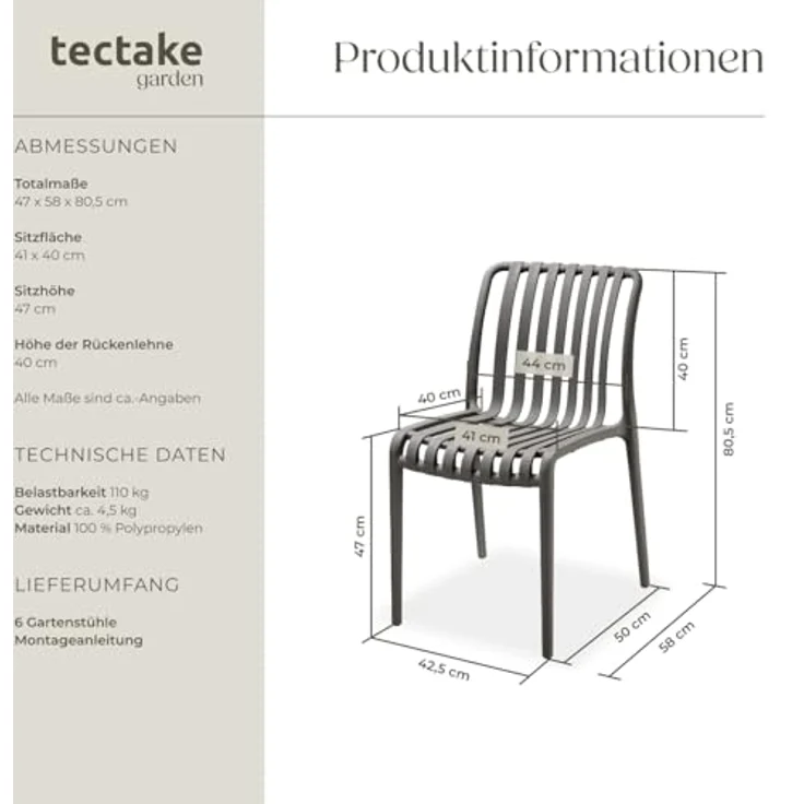 tectake Gartenstuhl Balkonstuhl, stapelbar, 47 x 58 x 80,5 cm, Belastbarkeit 110 kg (Terrassenstuhl Alcudia für Außen in Antrazit, 6 St), wetterfest und UV-beständig, pflegeleicht, rutschfeste Gummischoner – Bild 3