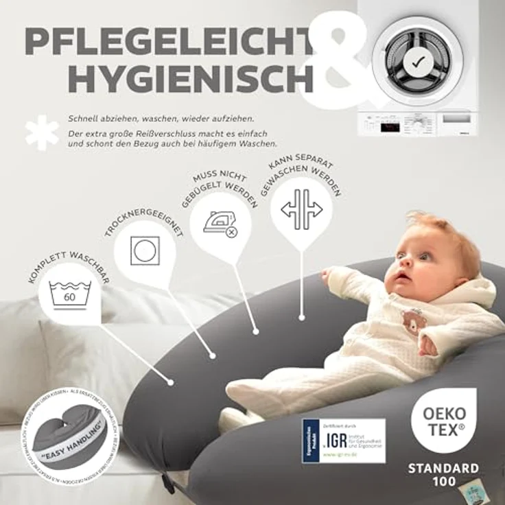 sei Design Stillkissenbezug 190×30 cm – Premium Jersey Ersatzbezug für Stillkissen XXL – weich, elastisch & pflegeleicht – mit Tasche & XXL-Reißverschluss – Oeko-TEX – Sand | Rosa | Grau | Mint – Bild 4