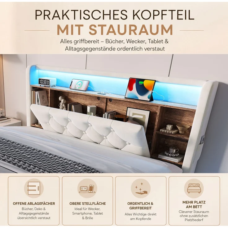 TavilaEcon Boxspringbett Samtbett, Polsterbett mit LED-Beleuchtung & USB-Ladefunktion beige Liegefläche 140 × 200 cm – Bild 6