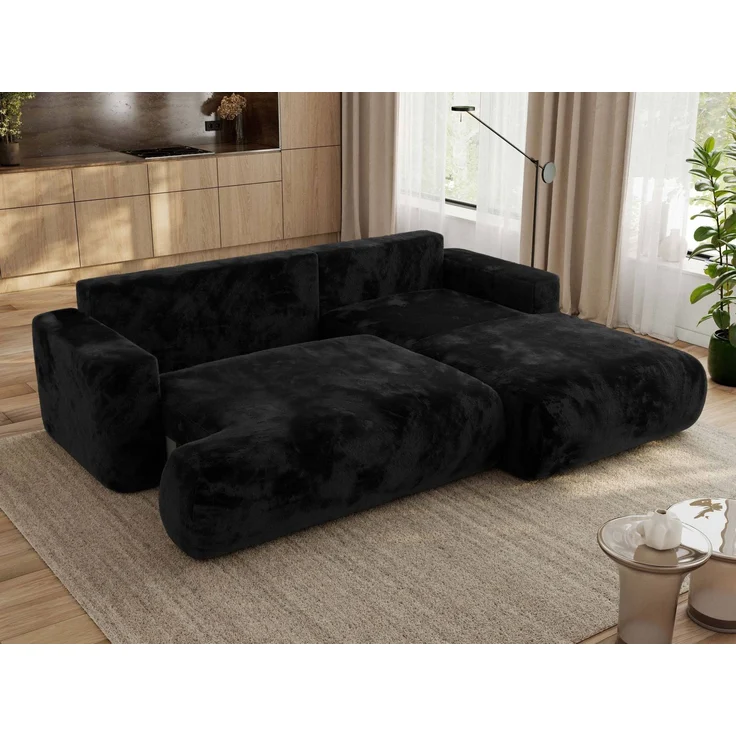 Ecksofa OVO mit schlaffunktion und bettkasten, Wellenfeder, lose Kissen, L-form 271x195 cm - Schwarz Plüsch - rechte Seite – Bild 4