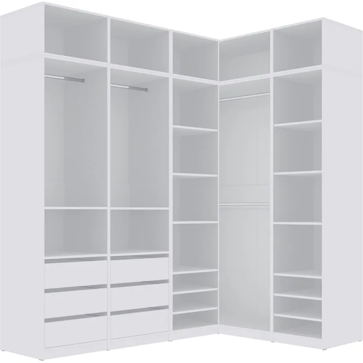 Marmex Möbel Tres Set-U/N (B) Hohes offenes Schranksystem, geräumige Einbauschränke, Eckkleiderschrank-Sets mit Regalen und Kleiderstangen, laminierte Spanplatte, weiß 221/150x246x51 cm