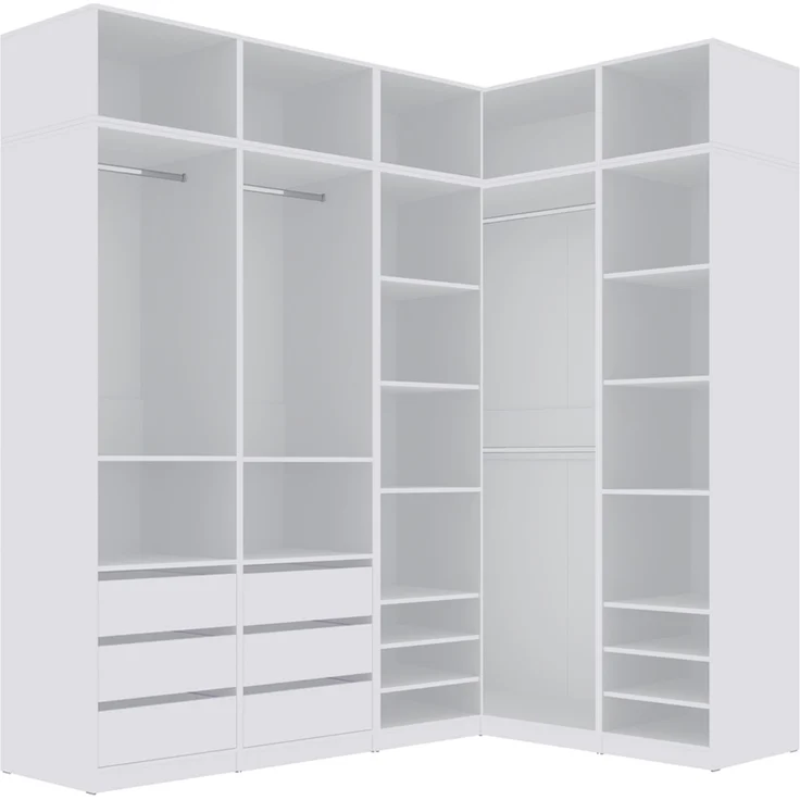 Marmex Möbel Tres Set-U/N (B) Hohes offenes Schranksystem, geräumige Einbauschränke, Eckkleiderschrank-Sets mit Regalen und Kleiderstangen, laminierte Spanplatte, weiß 221/150x246x51 cm – Bild 1