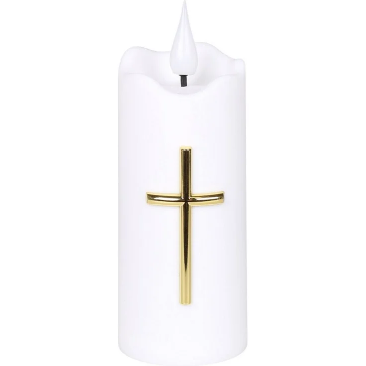 Sarcia. eu LED-Kerze Weiße LED-Kerze mit Kreuz, Flammeneffekt und Batterien, 13 cm – Bild 3