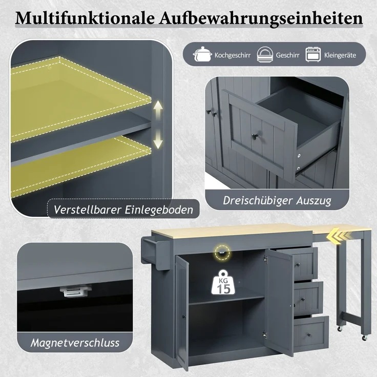 Merax Kücheninsel auf Rollen, Ausziehbarer Essbereich Kücheninsel mit Gewürzregal und Schubladen, Mobile Kücheninsel freistehend, Ideal für Küche und Esszimmer (Grau) – Bild 9