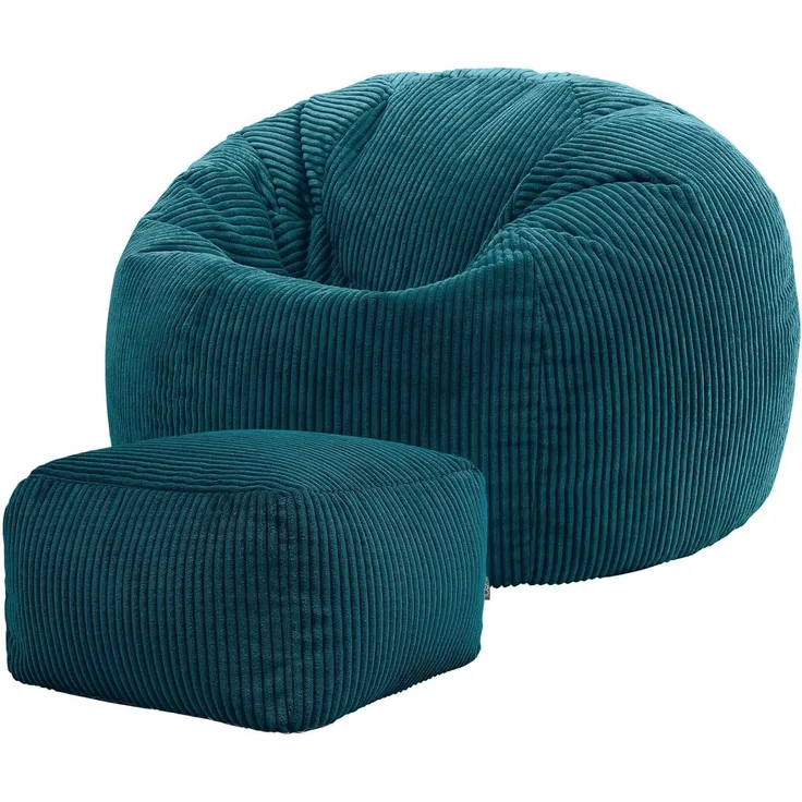 Icon Klassischer Sitzsack Flauschig aus Cord „Kingston“ mit Hocker, Blaugrün, Cord Sitzsack Erwachsene mit Füllung, Indoor Sitzsack Kuschelig Groß