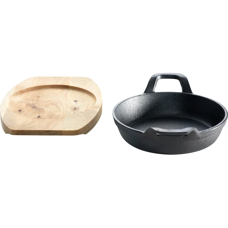 Gusseisenkuss® Pfanne mit Holzuntersetzer, Gusseisen schwarz, Ø 18 cm, Rund mit Griffen – Bild 4