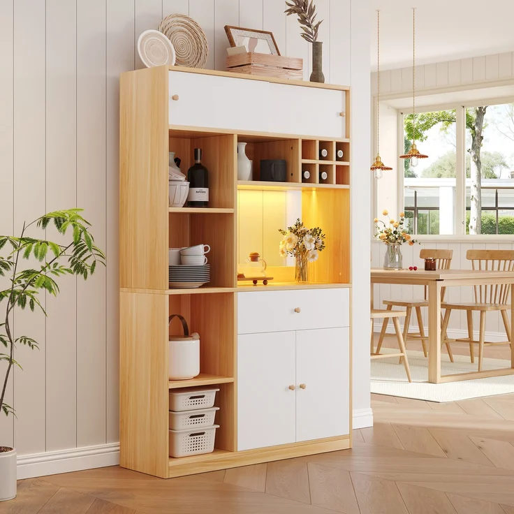 ZUBALIYA Buffetschrank 115x35x180 cm, mit LED-Beleuchtung, aus Spanplatte, Weiß / Natur – Bild 2