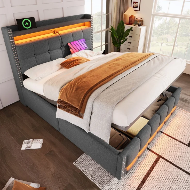 Polsterbett 140×200 cm mit Bettkasten, LED-Beleuchtung und USB-Anschluss, Grau – Bild 2