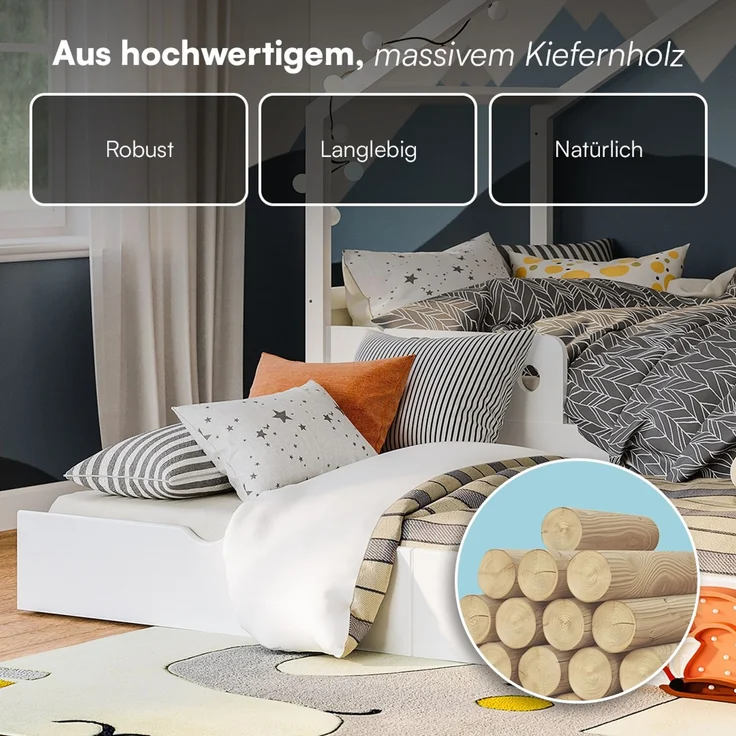Bellabino 'Bela' Hausbett 90x200 cm mit Gästebett 90x190 cm, weiß, Kiefer Massivholz, Montessori Kinderbett mit Ausziehbett, inkl. Rausfallschutz und Lattenrost – Bild 6