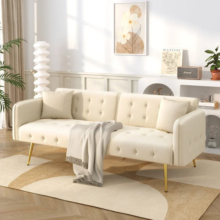 Sofabett 2-in-1 Samt,Zweisitzer mit verstellbarer Rückenlehne & Armlehnen, zum Gästebet,Beige – Bild 3