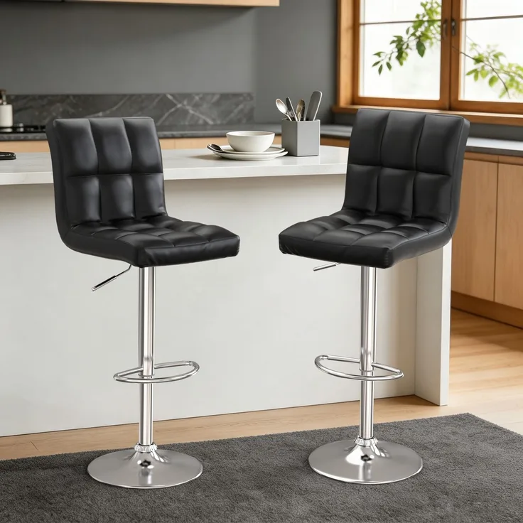 Botifly 2er Set Barhocker Schwarz Kunstleder Höhenverstellbar 60-80cm 360° Drehbar mit Fußstütze, SGS Zertifiziert für Küche Bar