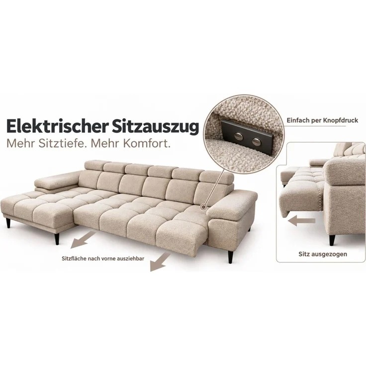 Ecksofa Schlafsofa SENVELIO RELAX inkl. Hocker Stoff Glam Beige Ottomane Links – Bild 2