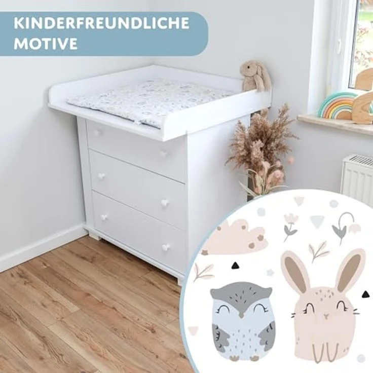 Wickelauflage für Babys 75x72 cm - Weiche Baumwolle, Abwaschbar - Wickelkommode & Wickeltischauflage Hellgrau Eulen – Bild 5