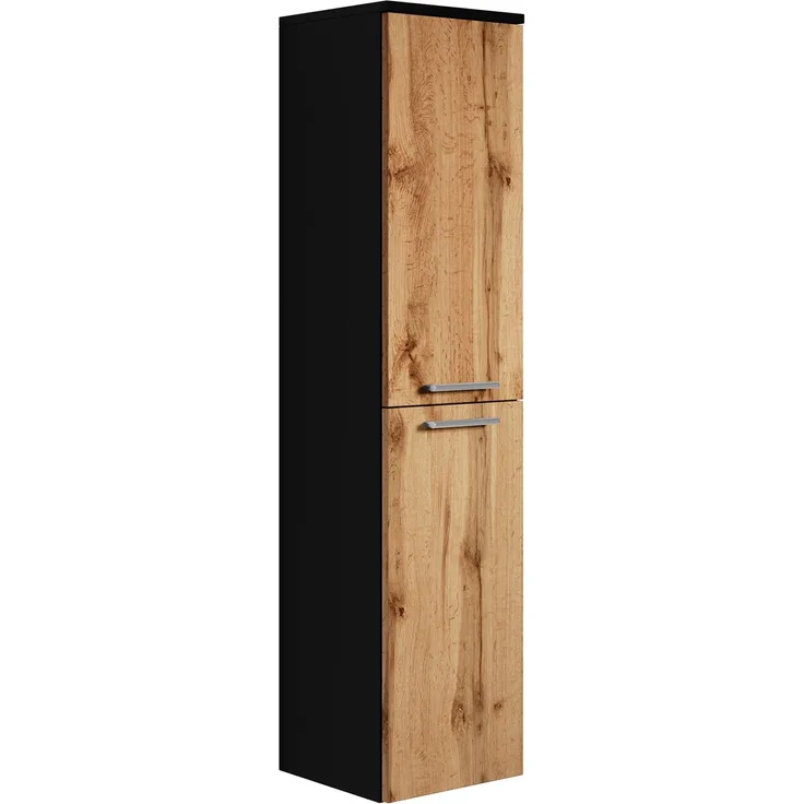 Badezimmerschrank Saturnus 35 x 35 x 130 cm - Schwarz mit eiche - hoher Hängeschrank mit 2 Türen