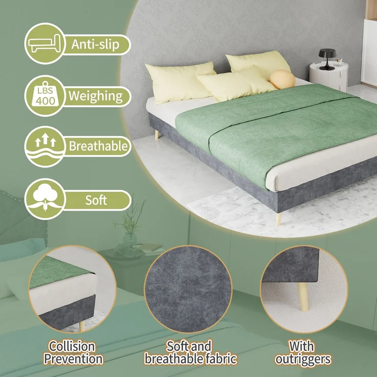 Novelux Modernes Bettgestell 140x200 cm ohne Kopfteil – Minimalistisches Low-Profile Plattformbett aus Dutch Velvet Samt in Grau, stabiler Bettrahmen – Bild 3