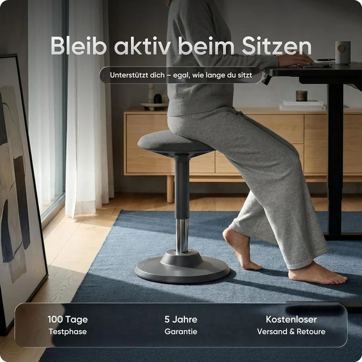 DESKSPACE Drehhocker Motion Ergonomischer Stehhocker - Höhenverstellbarer Bürohocker (Einzelartikel), Höhenverstellbarer Stehhocker mit ergonomischem Sitzkomfort – Bild 2