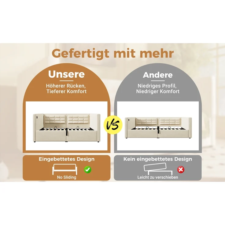 Polstertes Schlafsofa, Samt mit USB-Ladestation, 90x200 cm, Beige, ohne Matratze – Bild 7