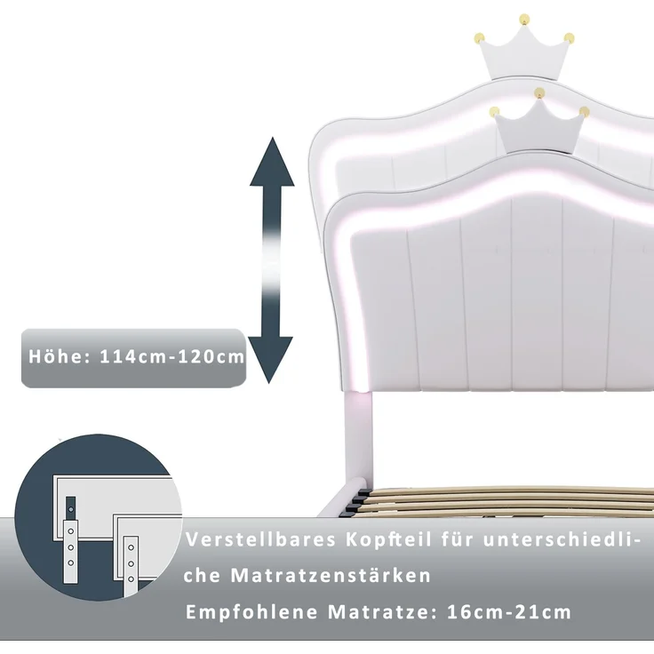 Merax Polsterbett mit Kronendesign, LED-Beleuchtung, hydraulischem Stauraum & höhenverstellbarem Kopfteil, Kunstleder, 90x200 cm, Weiß – Bild 5