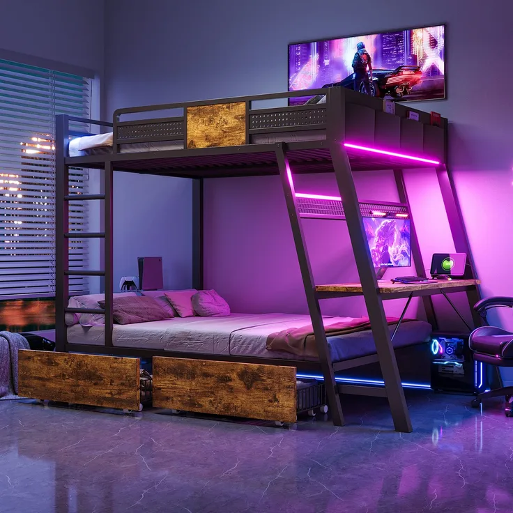 Merax Metall-Etagenbett 140x200 cm, integrierter Gaming-Schreibtisch mit Steckdosen, USB- und Type-C-Anschlüssen, mit LED-Lichtband, zwei Aufbewahrungskörben, Schwarz