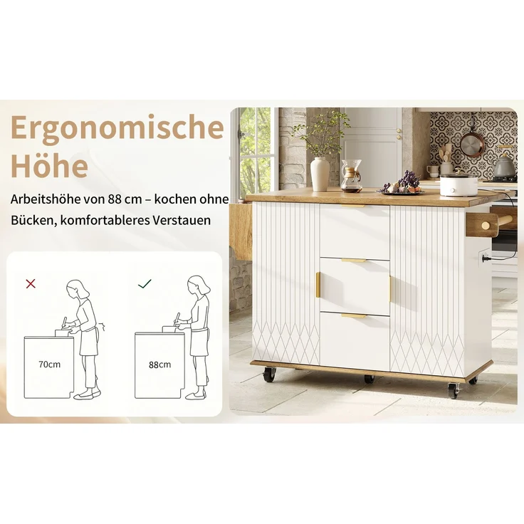 TavilaEcon Küchenwagen mit ausklappbarer Arbeitsplatte & Stromanschluss weiß H 88 cm, B 134 cm – Bild 9