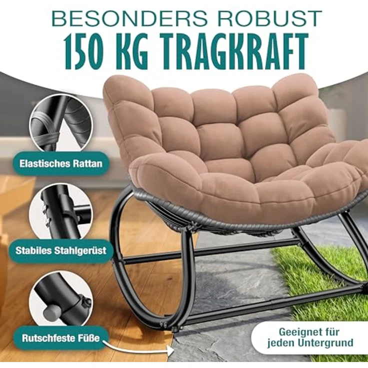 KESSER® Schaukelstuhl, für drinnen & draußen, ergonomisch, max. Belastung von 120kg, mit rutschfesten Füßen, Witterungsbeständig, Taupe – Bild 7