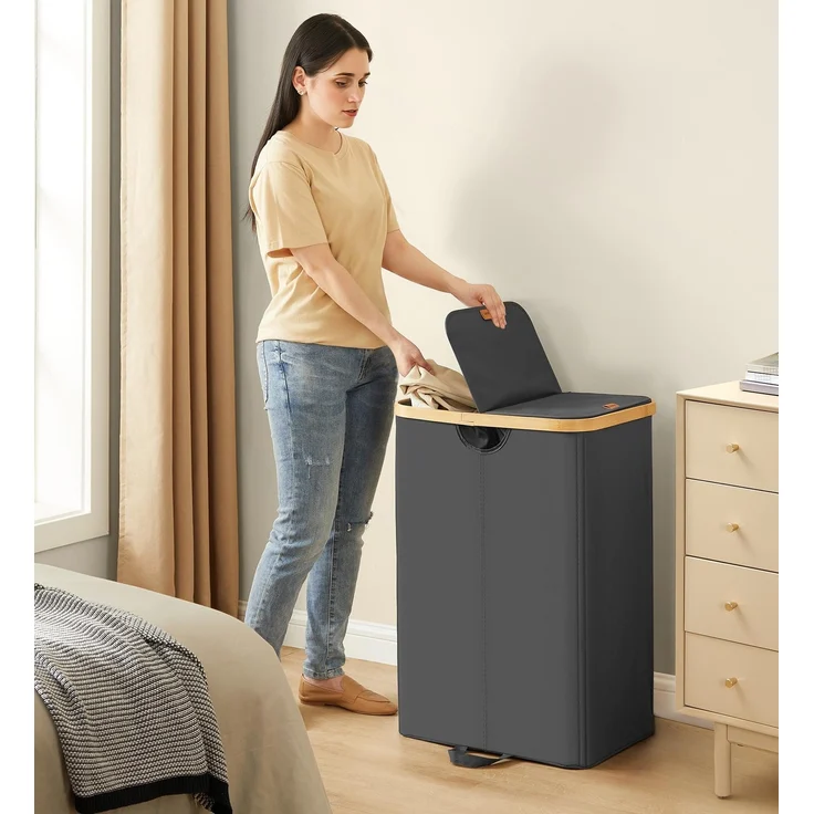 SONGMICS Wäschekorb 2 Fächer, Wäschesammler, 150 Liter, Wäschesortierer mit Deckel, Wäschetonne, Wäschesäcke herausnehmbar, für Waschküche, Schlafzimmer, Wohnzimmer, tintenschwarz-naturbeige – Bild 2