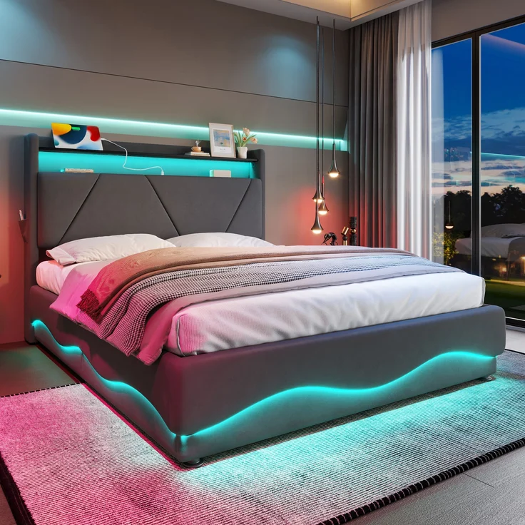 LVHOM Polsterbett 160x200cm mit LED&USB, Doppelbett mit Bettkasten, Jugendbett mit Kopfteil, Stauraumbett mit Lattenrost, Boxspringbett Dunkelgrau – Bild 3