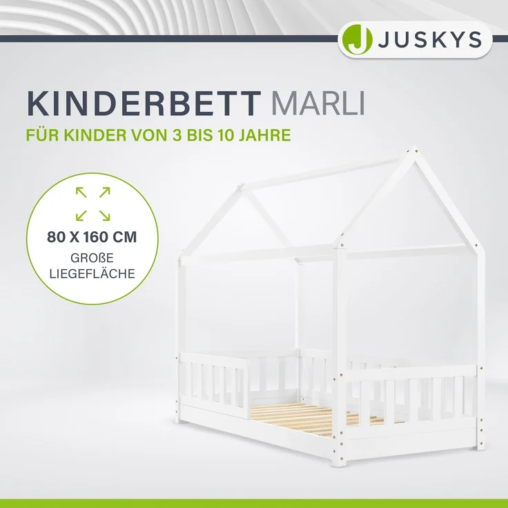 Juskys 'Marli' Hausbett 80x160 cm, weiß, Kiefer massiv, mit Rausfallschutz und Lattenrost – Bild 1