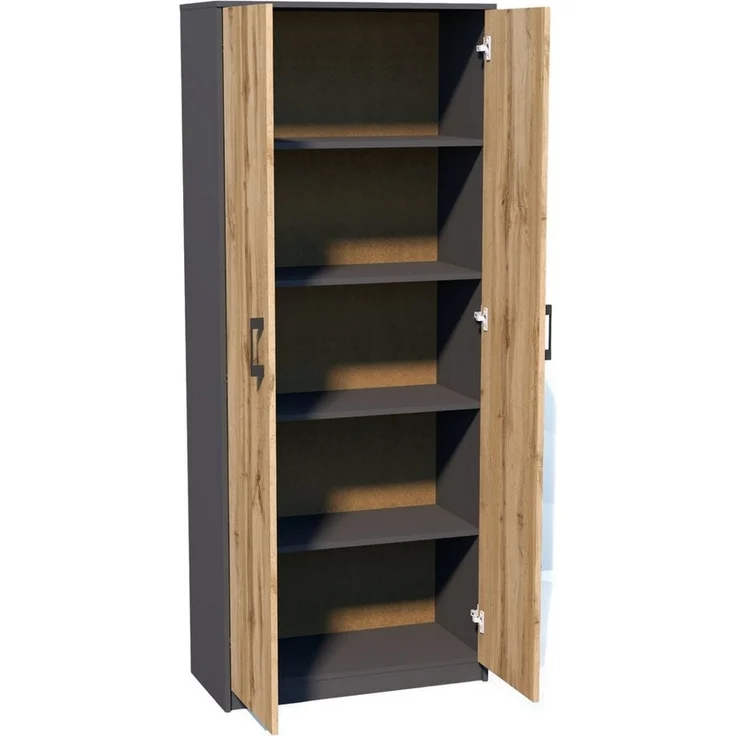 Home Collective Mehrzweckschrank Aktenschrank mit 5 Fächern Haushaltsschrank (74 cm breit aus Laminatplatte und hochwertigen Polymergriffen) in mattem Finish mit 4 Einlegeböden und 2 Türen graphit Eiche – Bild 2