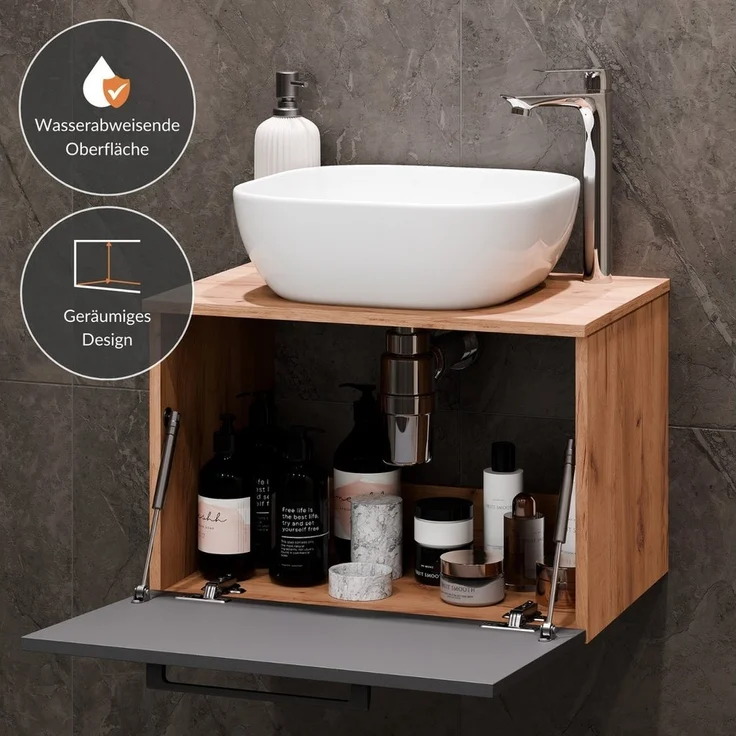 Planetmöbel Badmöbel-Set Astra, (Badezimmer Möbel im modernen Design, 4-St), Waschtisch und Waschbecken weiß mit Spiegel & 1x Seitenschrank – Bild 3