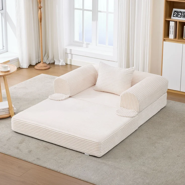 EINHOM Cord Einzel-Schlafsofa Umwandelbar, Multifunktionaler Klappsofa-Bett, Platzsparendes Gästebett aus Hochwertigem Kordstoff, Einzelsessel zum Schlafen für Wohnzimmer, Schlafzimmer, Wohnung, 120 × 85 × 65 cm, Beige – Bild 1