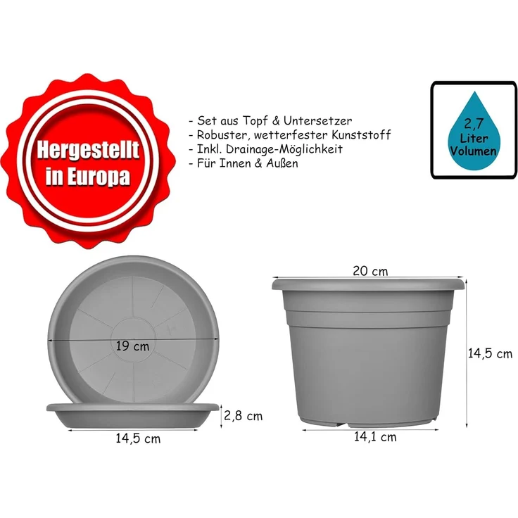 BigDean 3X Blumentopf Ø 20 cm Farbe Anthrazit & Untersetzer Kunststoff Pflanztopf Containertopf Übertopf Pflanzkübel rund 20 x 14,5 cm Blumentöpfe – Bild 6