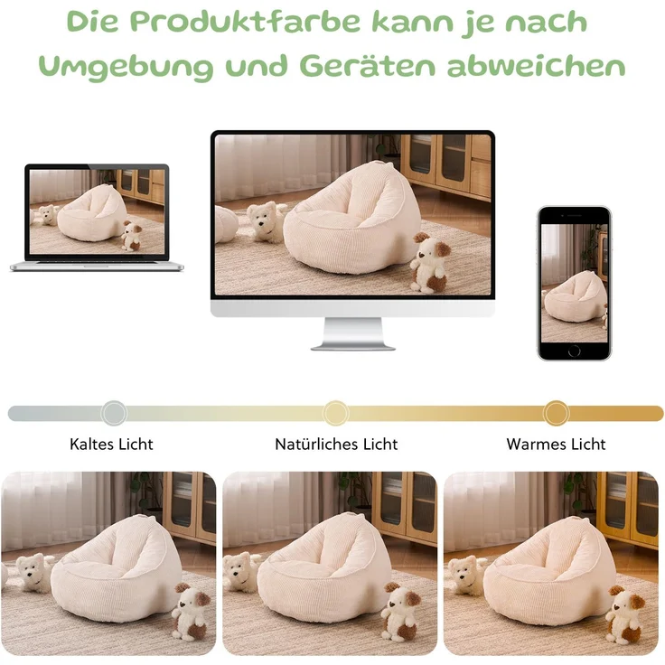 Sitzsack 69cm×72cm×51cm aus Kord in Beige – weich, ergonomisch und pflegeleicht – Bild 9