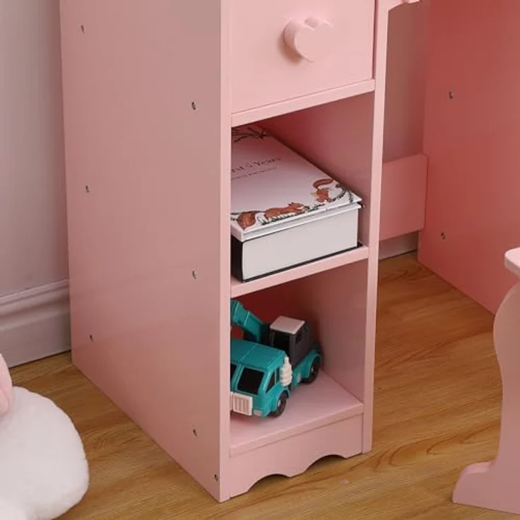 GarveeLife Schminktisch für Kinder, Schminktisch mit Hocker, 3 LED-Spiegel und 5 Schubladen, Schminktisch aus Holz für kleine Mädchen von 3 bis 6 Jahren – 70 x 34 x 100 cm, Rosa – Bild 6