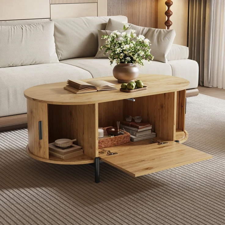 Couchtisch oval B 100 x T 50 x H 40 cm, MDF in Naturfarbe mit Rattan-Türen und Metallbeinen – Bild 4