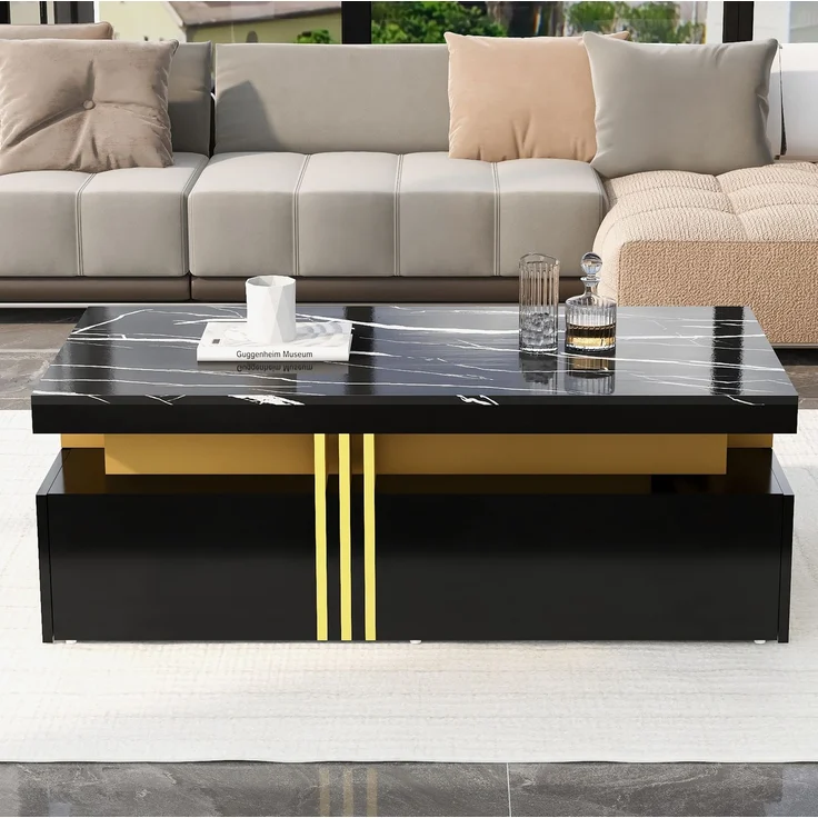 DESVIAE TV-Schrank-Set mit Couchtisch, 200x42x40 cm und 100x40x50 cm, Spanplatte, Schwarz, mit 5 Schubladen – Bild 3