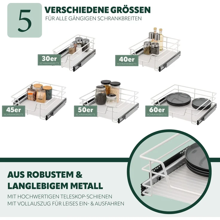 Teleskopschublade für 50 cm Schrank mit Einlegeboden, aus Metall, weiß – Bild 5