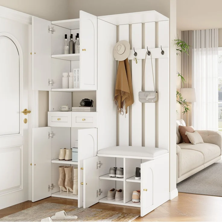 DESVIAE Garderobenschrank-Set mit Schuhbank, 110x180x37 cm, Spanplatte Weiß, 2 Schubladen und 4 Haken – Bild 6