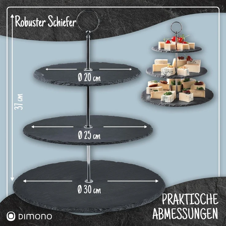 Dimono Etagere Deluxe Servier-Ständer, Schiefer Naturstein, (3-Etagen Servierschalen, Obst- & Gemüseschale), Servierschalen für Desserts, Obst, Gemüse, Süßes uvm. – Bild 6