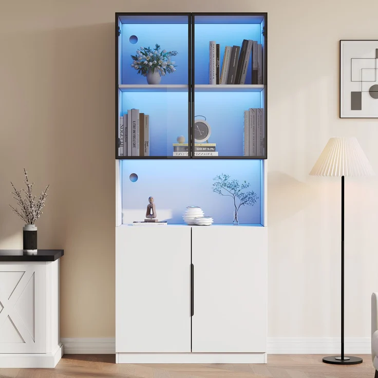 Moderne minimalistische Vitrine mit Glastüren, Vitrine mit LED-Leuchten, Bücherregal für Sammlerstücke, einstellbare Farbtemperatur und Helligkeit, weiße 80*30*200cm--Weiß--94.49x50.8x19.51cm--YOUDENOVA – Bild 1