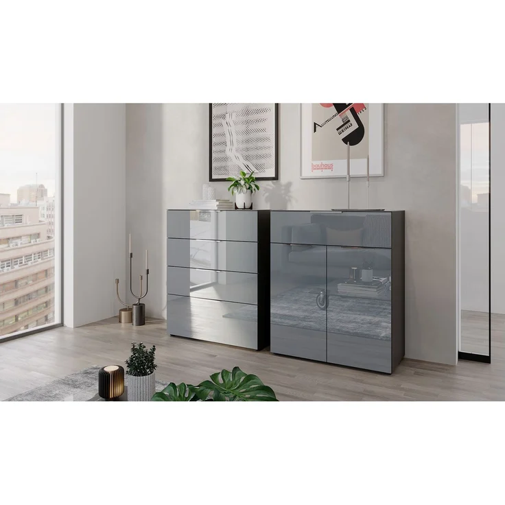 Kommode Owingen / Oakland, Glas, Holzwerkstoff, Silber, Grau, Schwarz, 83 x 102 x 42 cm – Bild 4