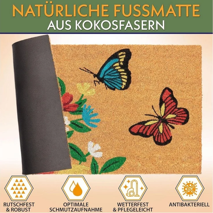 BRUBAKER Fußmatte 45 x 75 cm – Schmetterlinge mit Blumen - Schmutzfangmatte, Rechteckig, Höhe: 15 mm, Türmatte für Außen und Innen - Wetterfest und Rutschfest – Bild 1