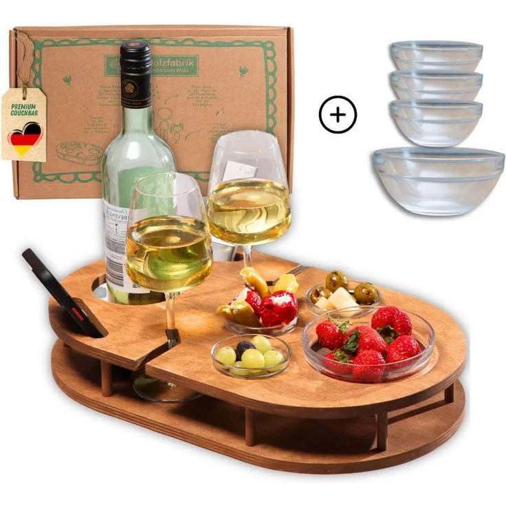 PEGSEN Servier-Set Weinbar Couchbar mit 4 Glasschalen, Birkenholz, Weingläser & Snacks stehen stabil und sicher – Bild 1