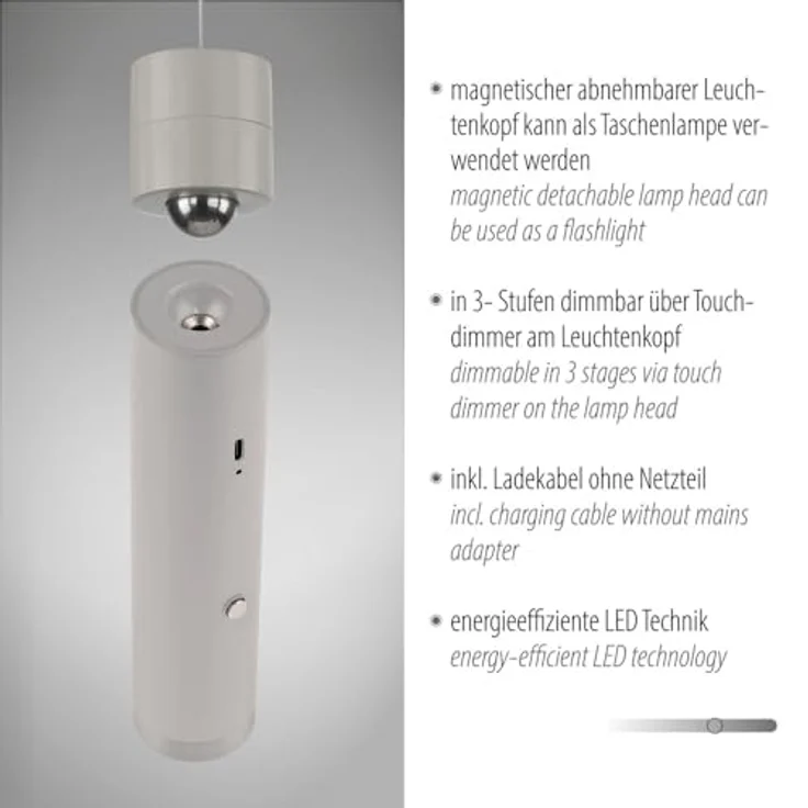 Just Light Pendelleuchte Attach, LED Akku-Pendelleuchte mit USB, 300 lm, verstellbar in Weiß – Bild 3