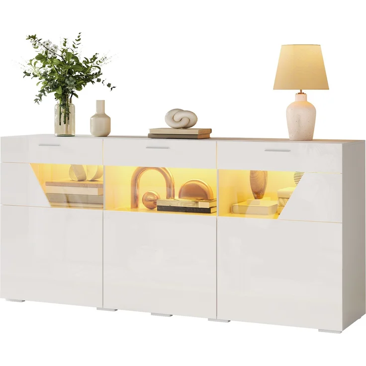 ZUBALIYA Sideboard 160x38x78 cm, mit LED-Beleuchtung, Hochglanz, mit 3 Türen, aus Spanplatte, Weiß – Bild 1